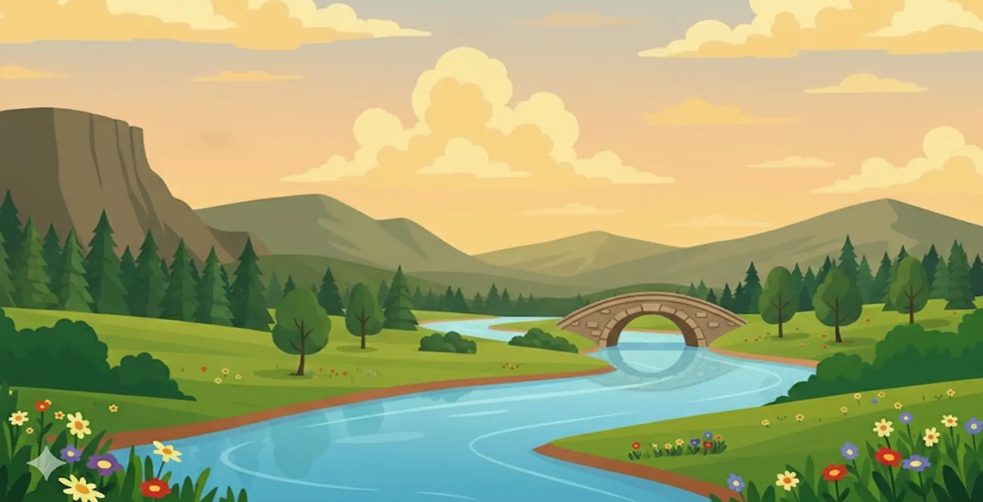 Tło sekcji z krajobrazem łądki i rzeki z kamiennym mostem