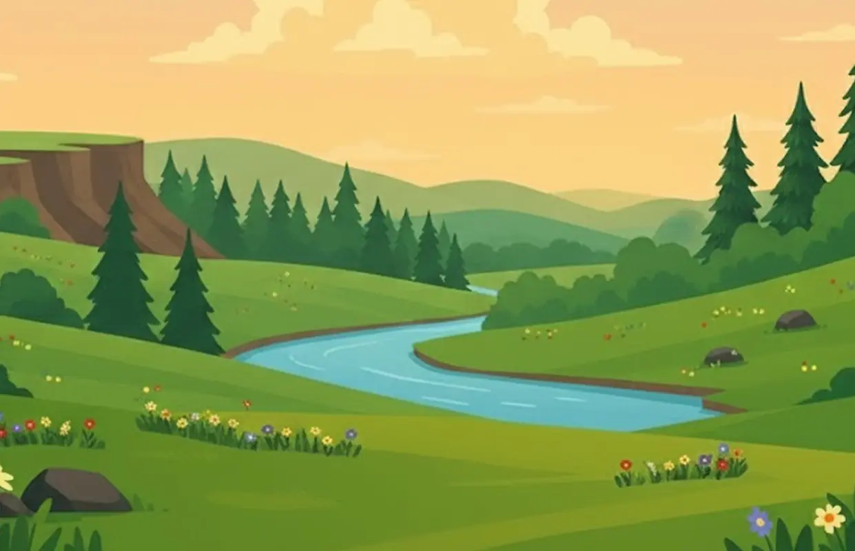 Tło sekcji z zajęciami dodatrkowymi w żłobku w Krakowie przedstawiające las, łąkę i rzekę